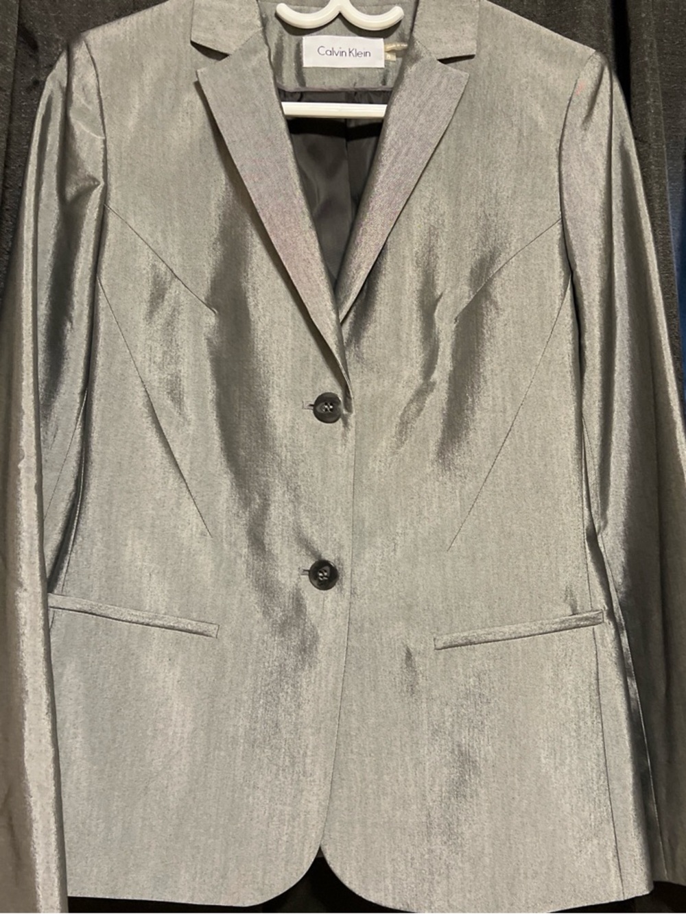 Calvin Klein ladies Metallic Silver Two-Button Blazer